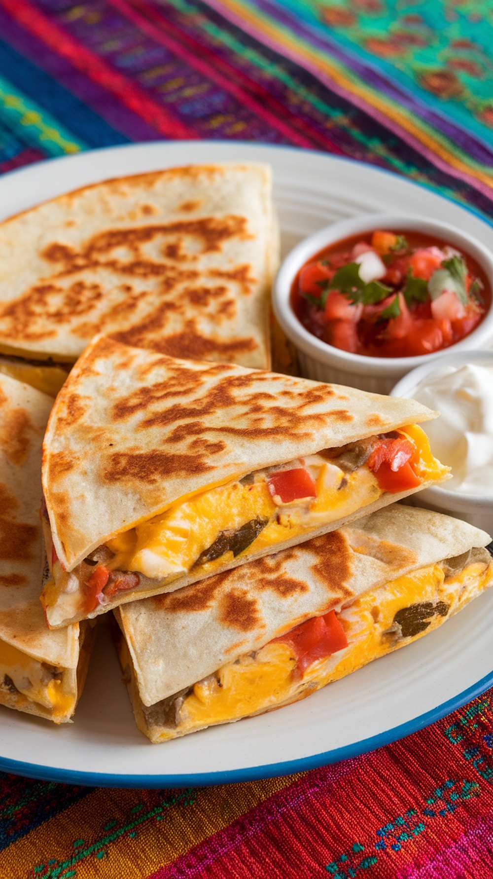 A plate of breakfast quesadillas with salsa and sour cream on a colorful tablecloth.