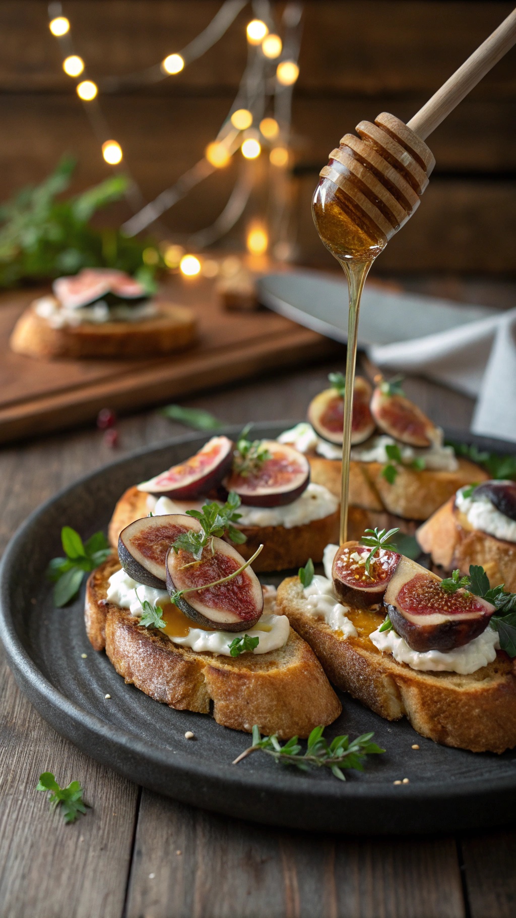 A plate of sweet and savory fig and goat cheese crostini drizzled with honey, garnished with fresh herbs.