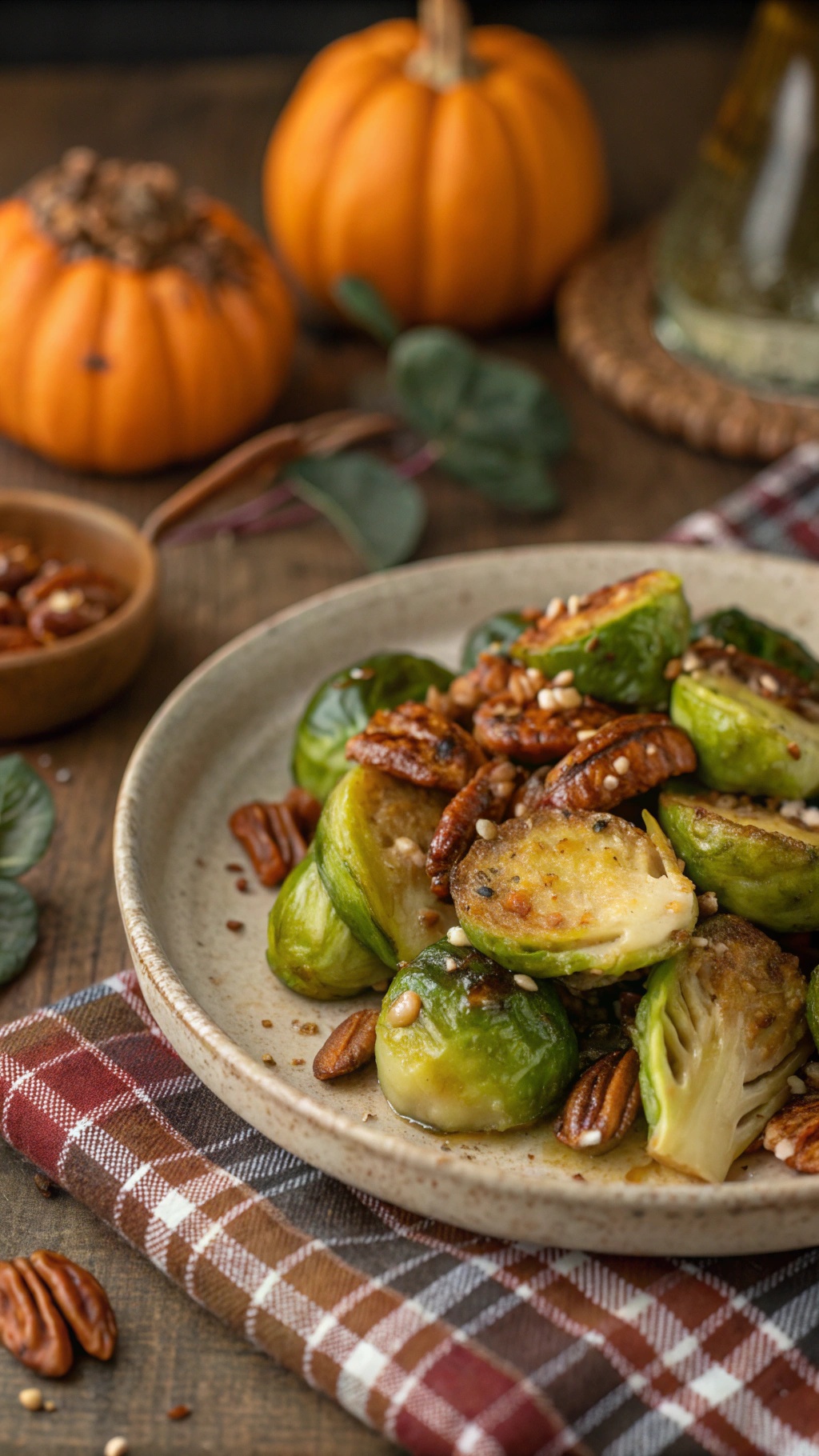 Maple-glazed Brussels sprouts with pecans on a rustic table with pumpkins.
