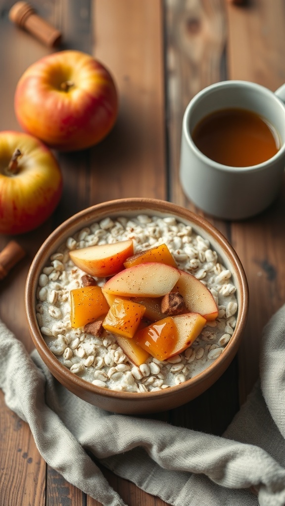 A bowl of overnight steel-cut oats topped with diced apples and cinnamon, with fresh apples and a cup of tea in the background.
