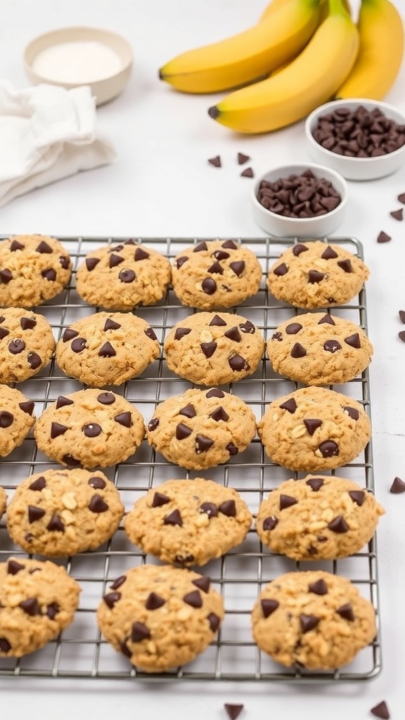 Freshly baked banana oatmeal chocolate chip cookies on a cooling rack with bananas and chocolate chips in the background.