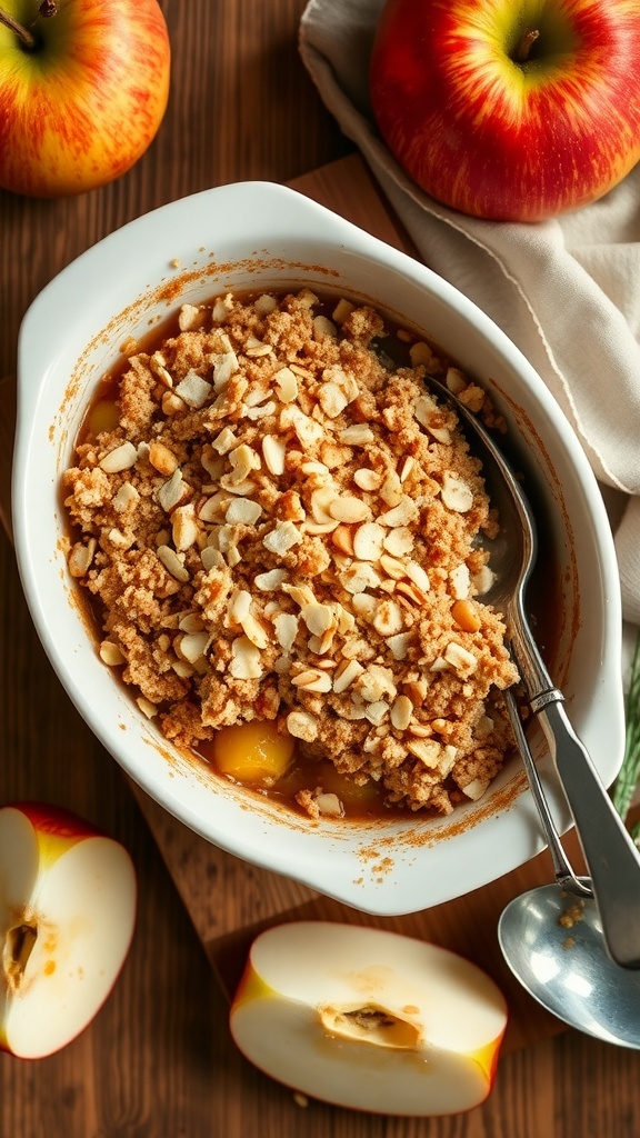 A delicious keto apple crumble with a crunchy topping, surrounded by fresh apples.
