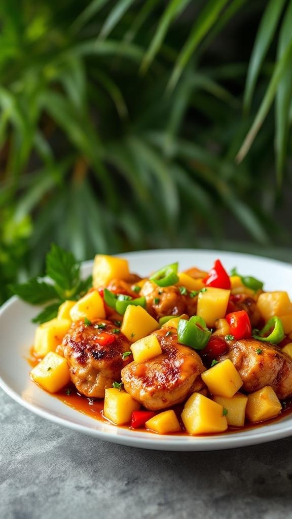 A plate of sweet and sour pineapple chicken thighs with diced pineapple and bell peppers, garnished with green onions.