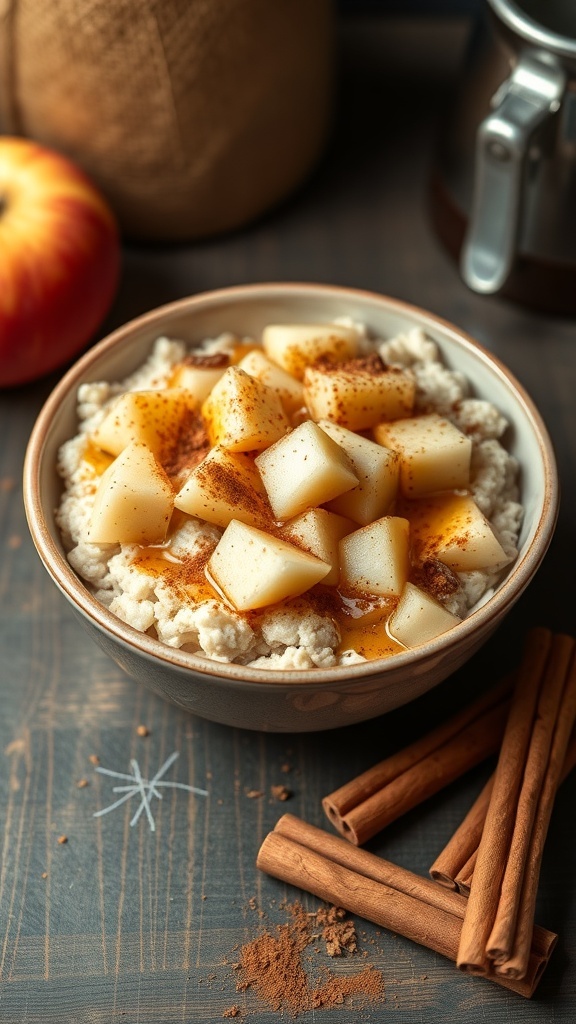 A cozy bowl of apple cinnamon oatmeal topped with diced apples and cinnamon, surrounded by cinnamon sticks and an apple.