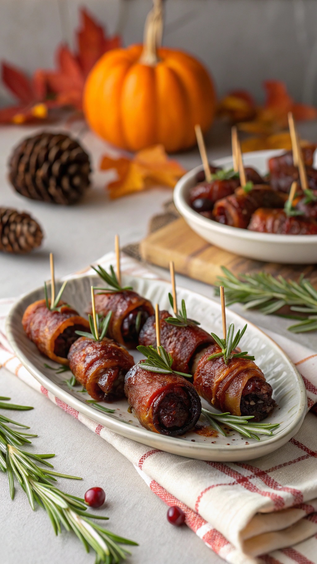 A platter of sweet and spicy bacon-wrapped dates garnished with rosemary, set against a backdrop of autumn leaves and a pumpkin.