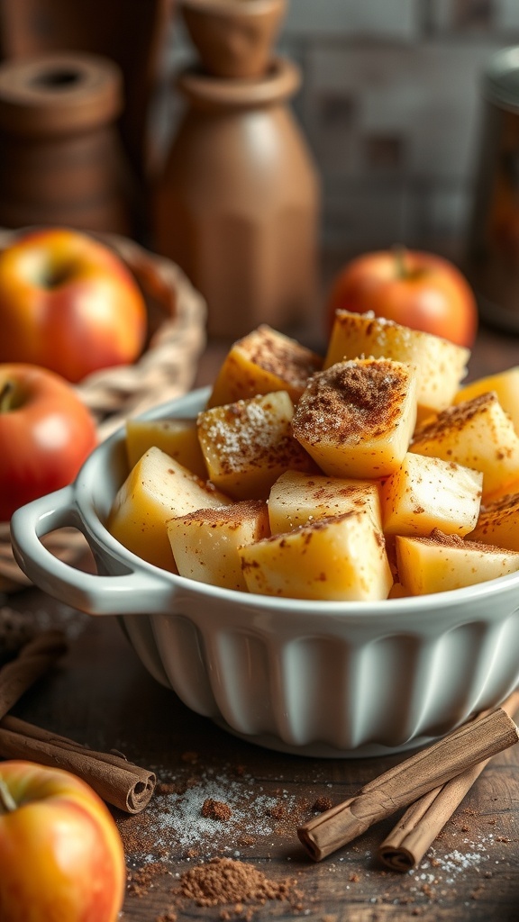 A bowl of diced apples sprinkled with cinnamon, surrounded by whole apples and cinnamon sticks.