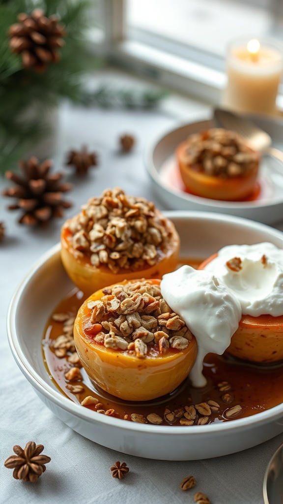 Baked apples topped with oats and yogurt, served in a bowl
