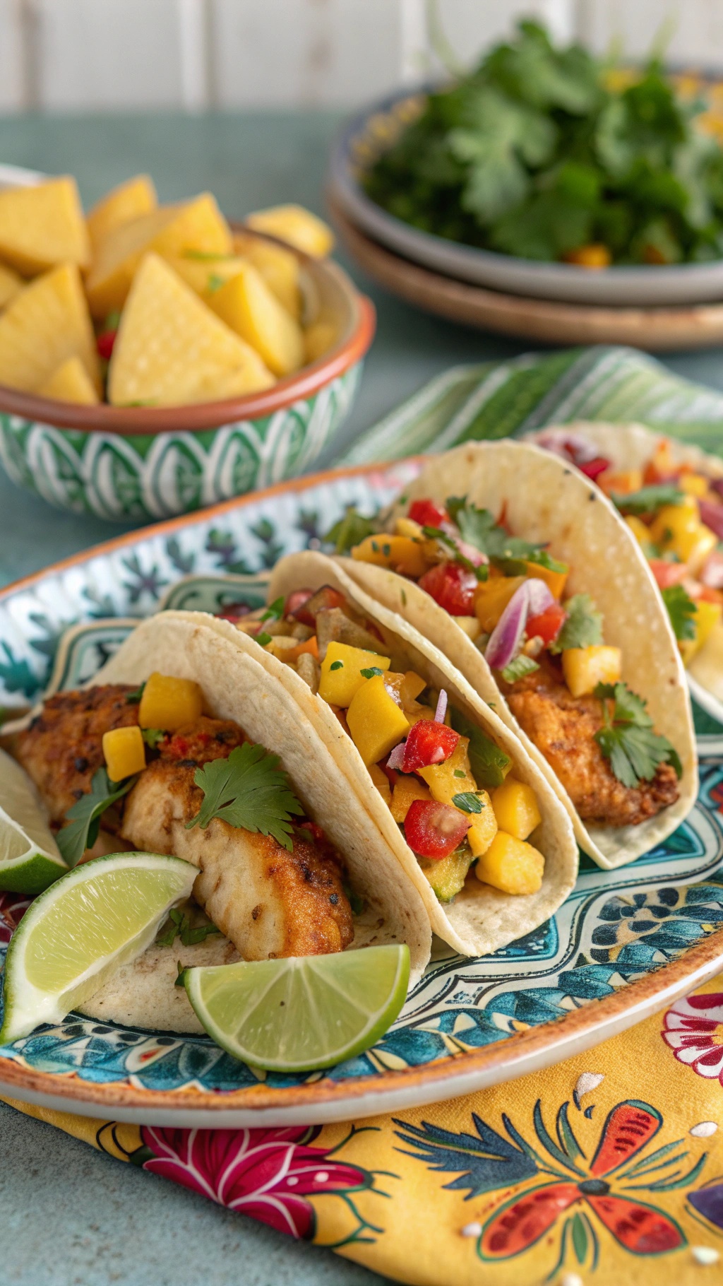 Sweet and spicy fish tacos with mango salsa on a decorative plate