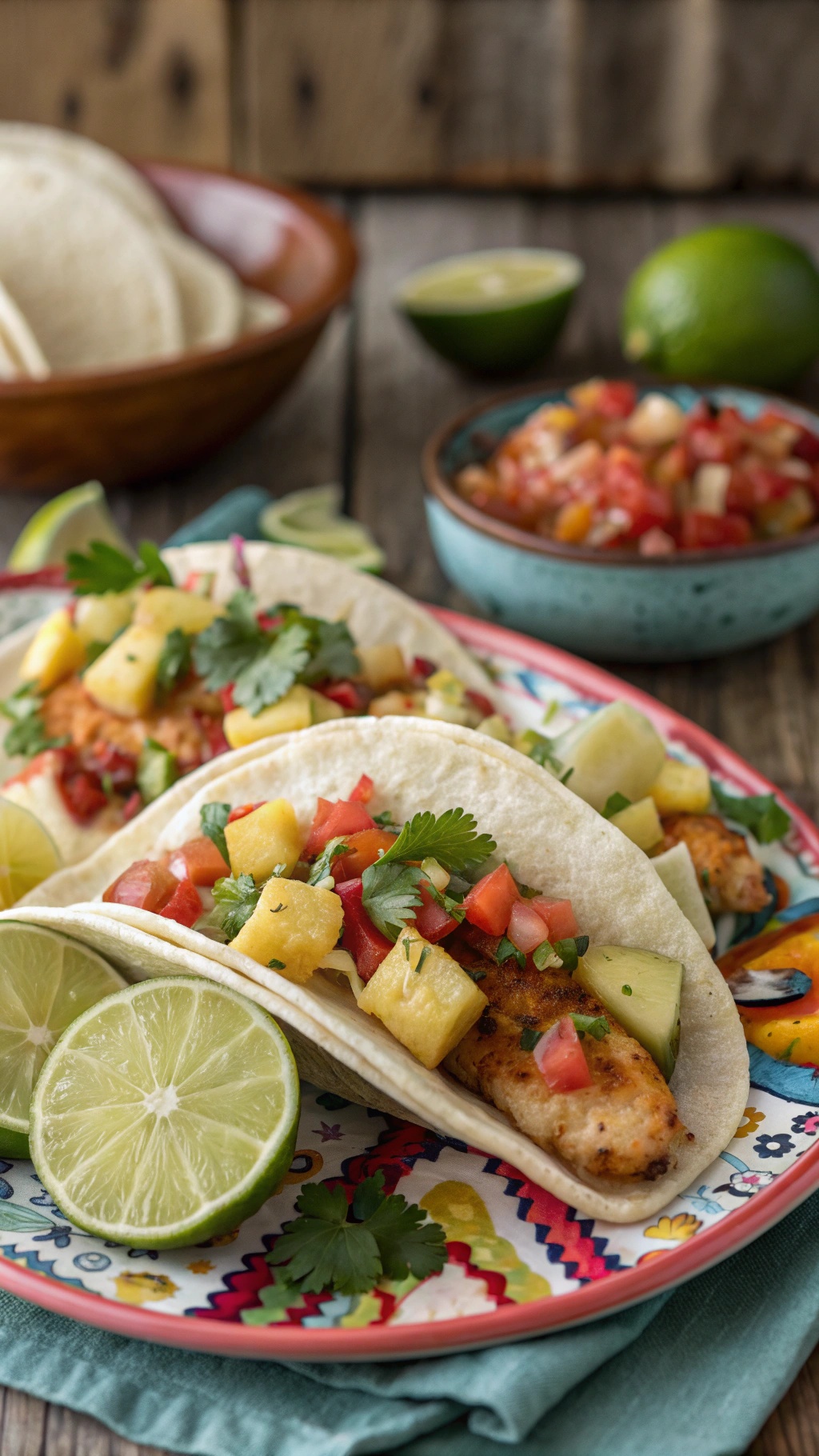Sweet and spicy fish tacos with pineapple salsa on a colorful plate