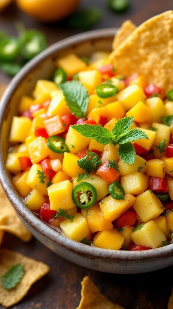 A bowl of sweet and spicy fruit salsa with diced mango, red bell pepper, and jalapeño, garnished with mint leaves, served with tortilla chips.