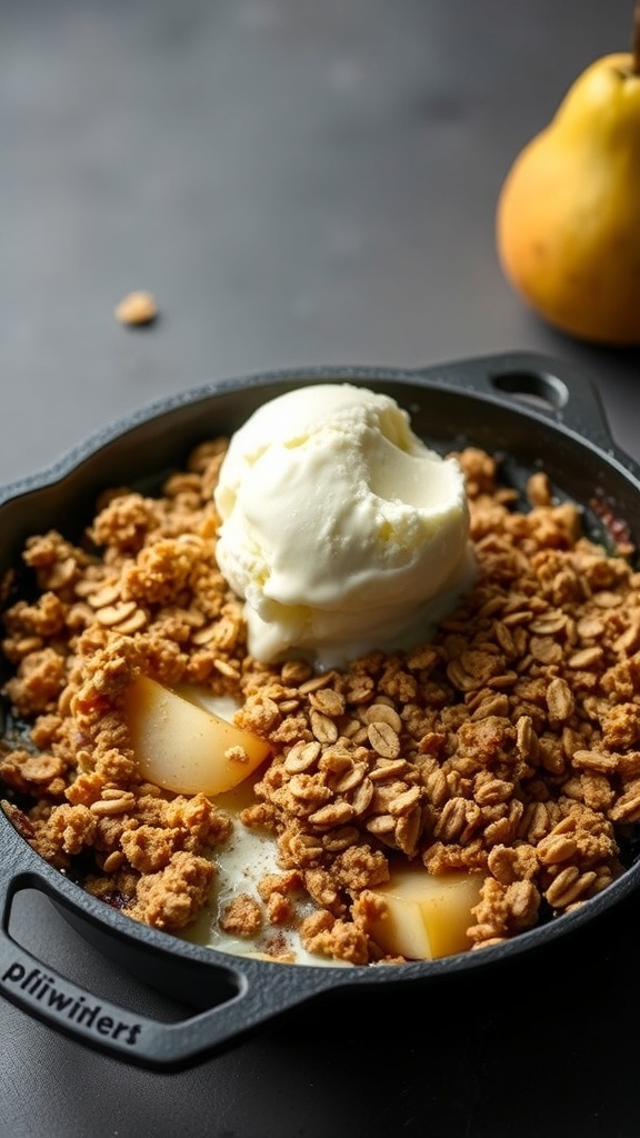 A delicious ginger pear crisp topped with vanilla ice cream, served in a cast iron skillet.