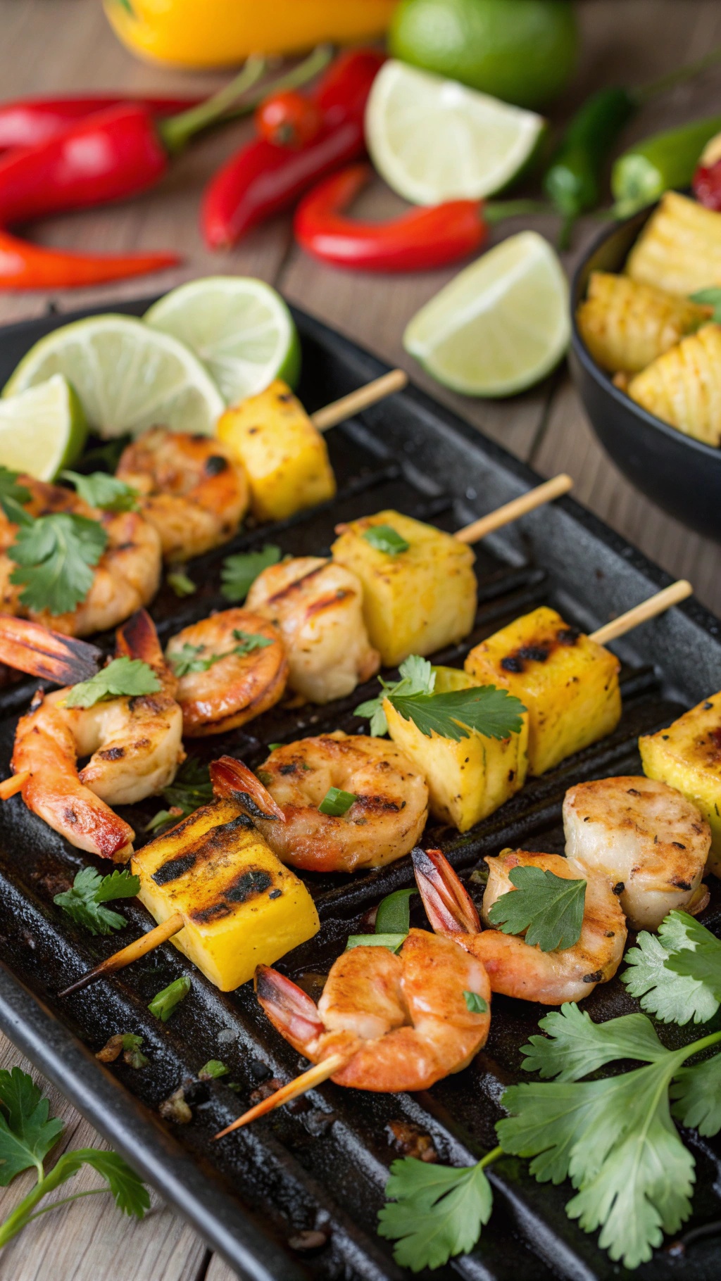 Grilled shrimp and pineapple skewers on a grill with fresh herbs and lime wedges.