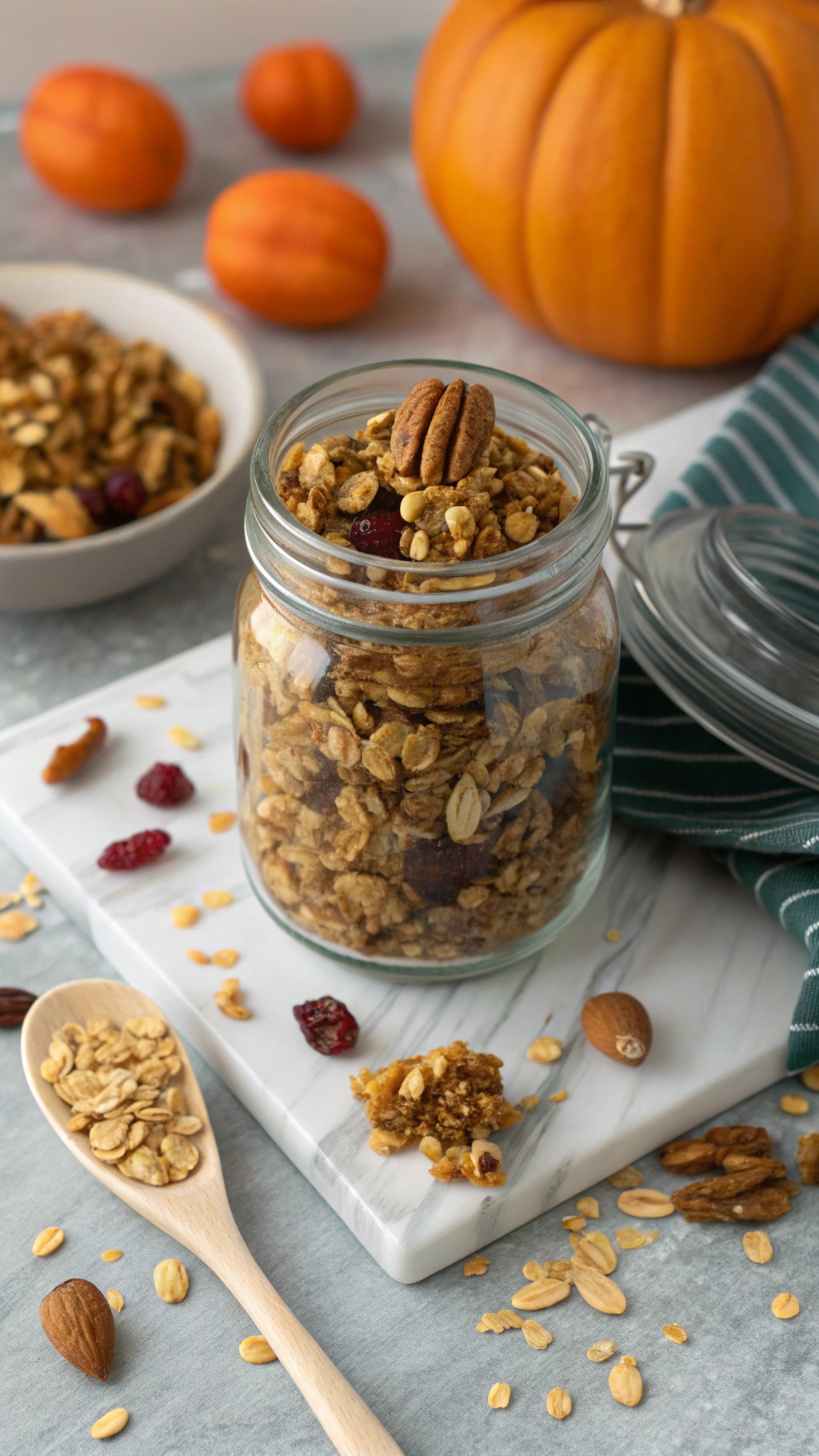 A jar of sweet and spicy pumpkin granola with nuts, surrounded by small pumpkins and a wooden spoon.