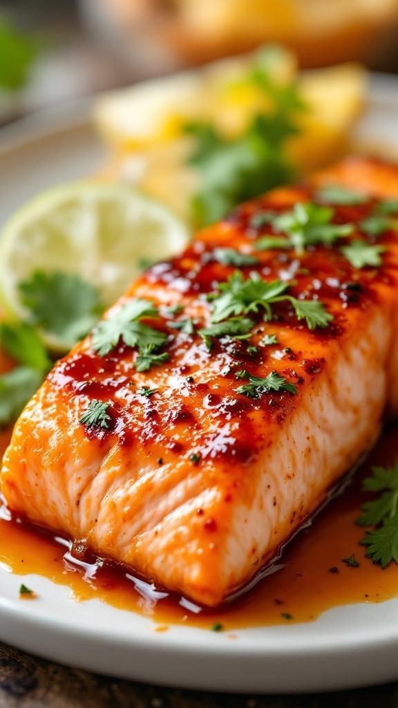 A beautifully glazed salmon fillet garnished with cilantro and lemon slices.