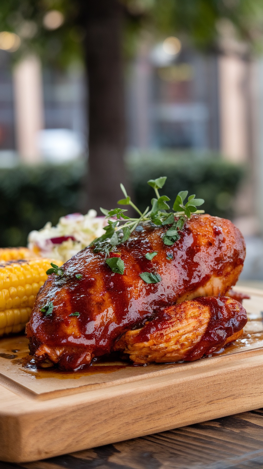 Grilled BBQ chicken breast with corn and coleslaw on a wooden platter