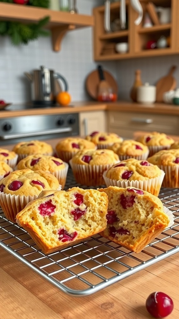 Freshly baked cranberry orange muffins cooling on a wire rack in a cozy kitchen setting.