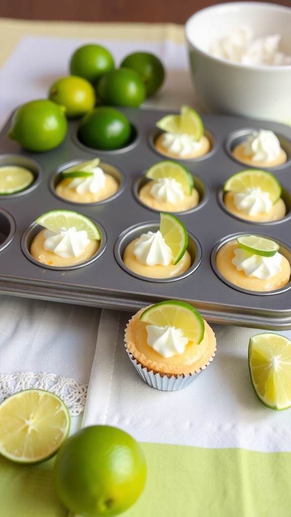 Mini key lime pie bites topped with whipped cream and lime slices, with fresh limes in the background.