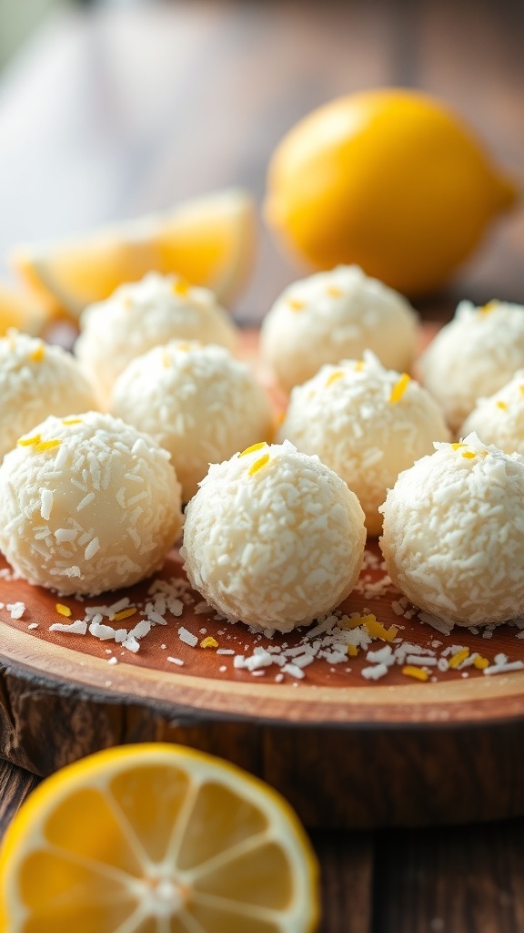 A plate of Sweet and Tangy Lemon Coconut Balls with lemon slices in the background