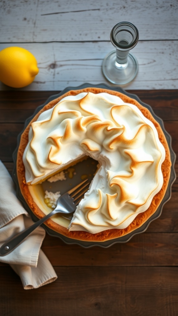 Lemon meringue pie with a slice taken out, showcasing the lemon filling and fluffy meringue topping.