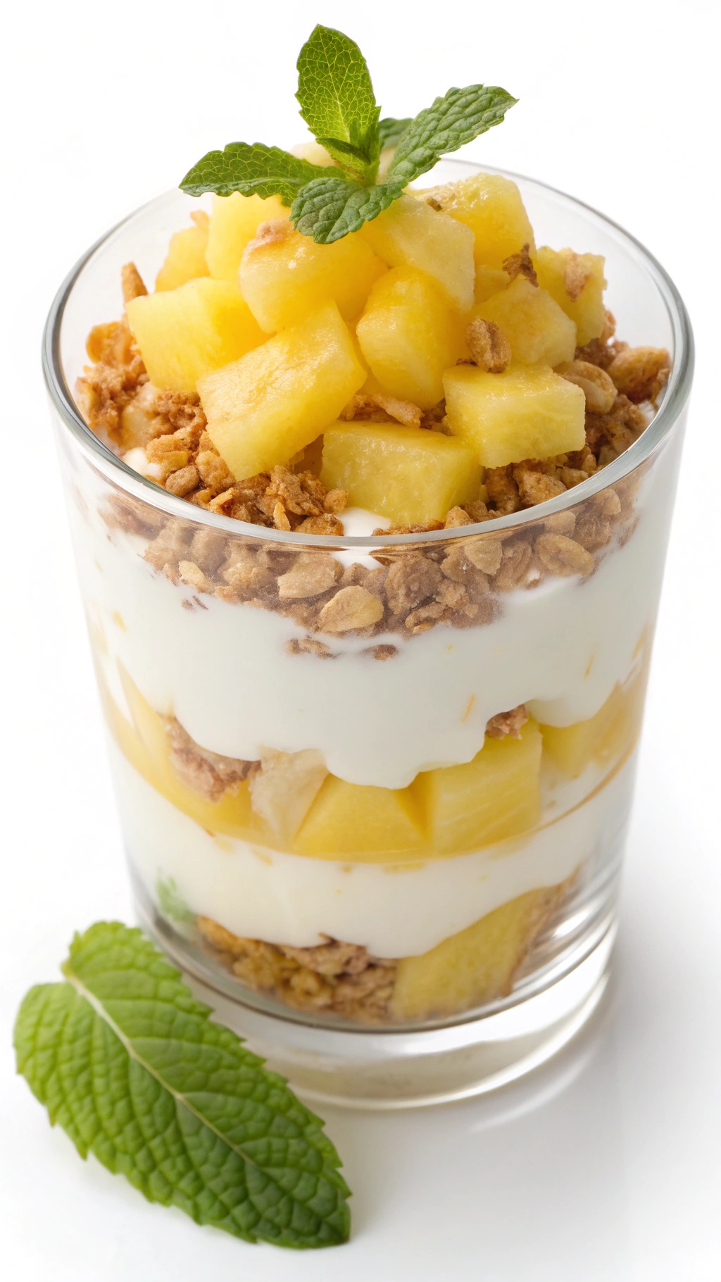 A delicious pineapple yogurt parfait with layers of yogurt, diced pineapple, and granola, topped with a mint leaf.