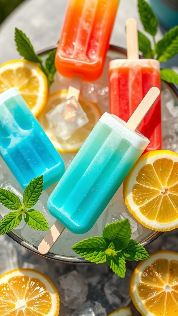 Colorful lemonade popsicles surrounded by lemon slices and mint leaves
