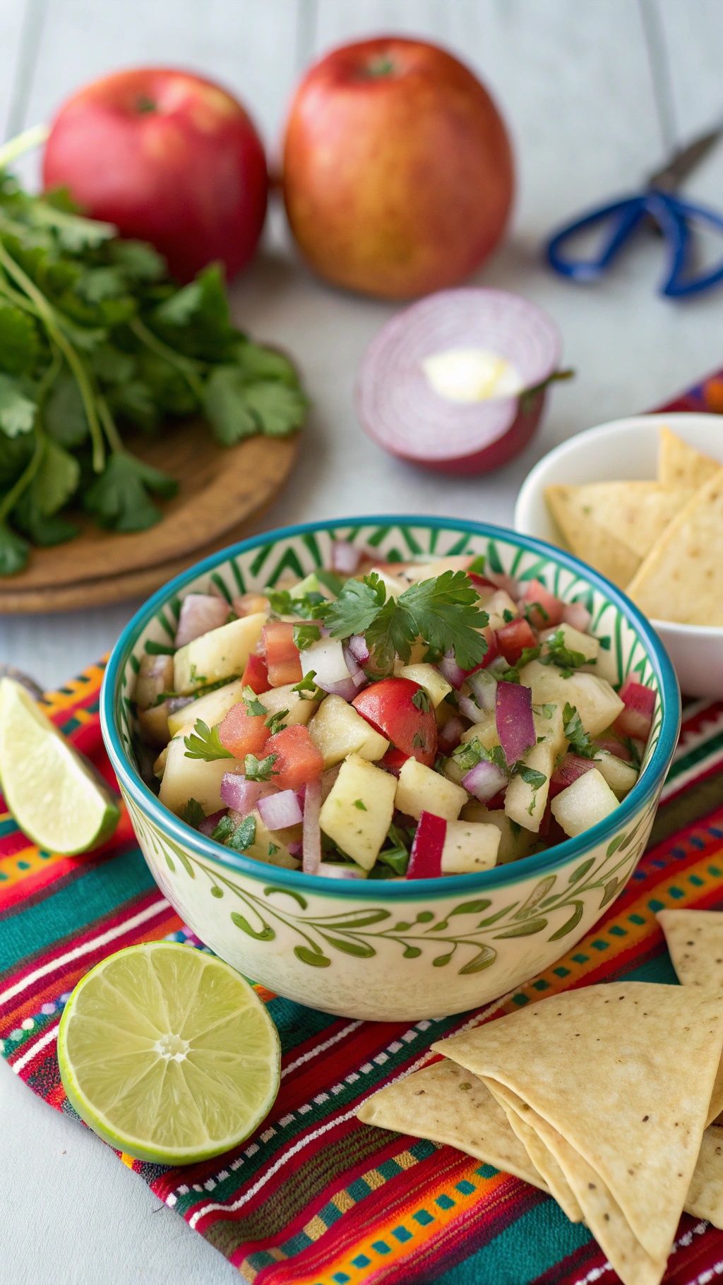 A bowl of colorful apple salsa with diced apples, tomatoes, and cilantro, surrounded by fresh ingredients and tortilla chips.