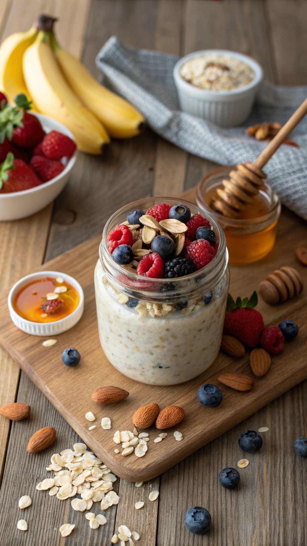 A jar of overnight oats topped with berries and almonds, surrounded by fresh fruits and honey.