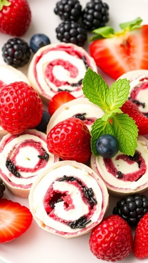 Sweet Berry and Cream Cheese Roll-Ups with fresh berries on a plate
