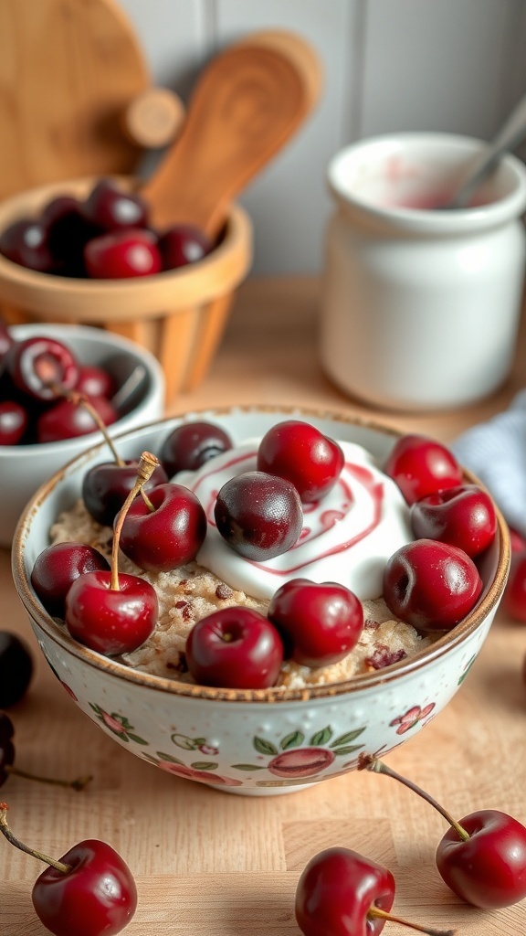A bowl of Sweet Cherry Cheesecake Overnight Oats topped with fresh cherries and yogurt.