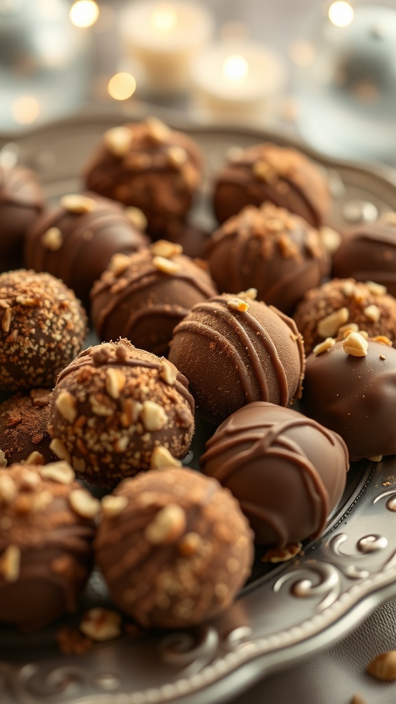 An assortment of chocolate truffles on a decorative plate, topped with nuts and cocoa powder.