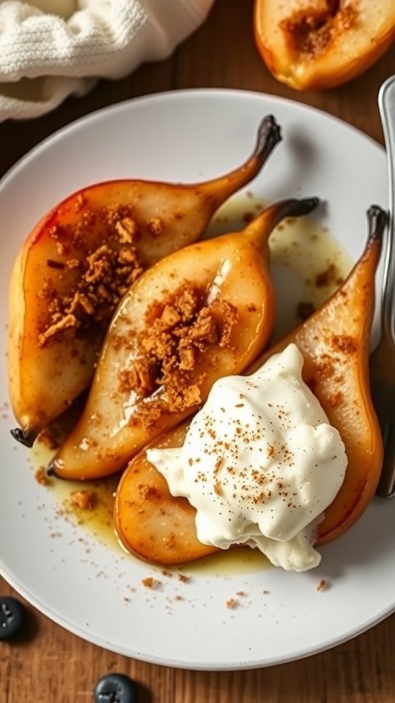 Baked cinnamon pears served with whipped cream on a plate.