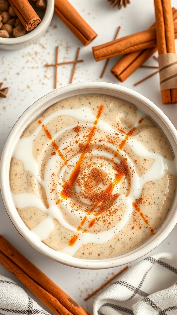 A bowl of Sweet Cinnamon Roll Chia Seed Pudding topped with yogurt and cinnamon, surrounded by cinnamon sticks.