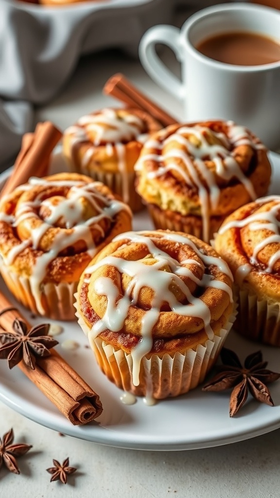 Sweet cinnamon roll muffins on a plate with a cup of coffee and cinnamon sticks