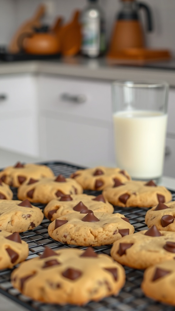 Freshly baked keto chocolate chip cookies on a cooling rack with a glass of milk