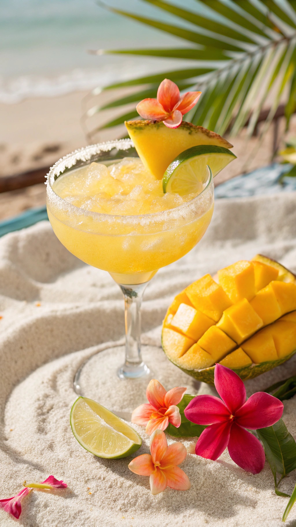 A refreshing Sweet Mango Skinny Margarita garnished with flowers and lime slices, set on a sandy beach.