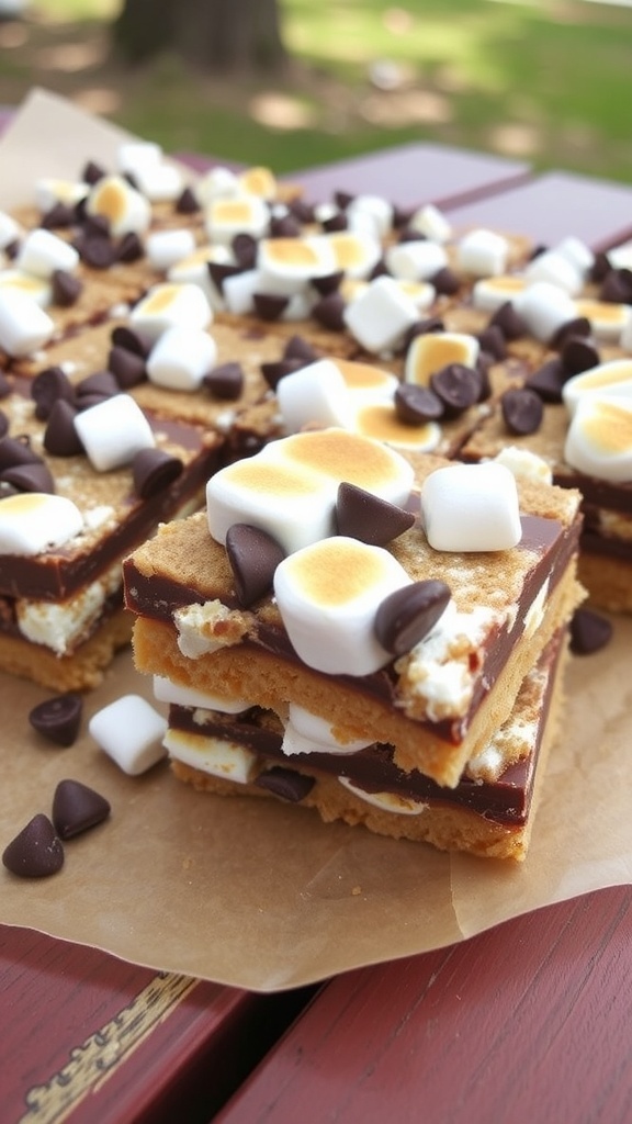 Delicious no-bake s'mores bars with layers of chocolate, graham crackers, and marshmallows.