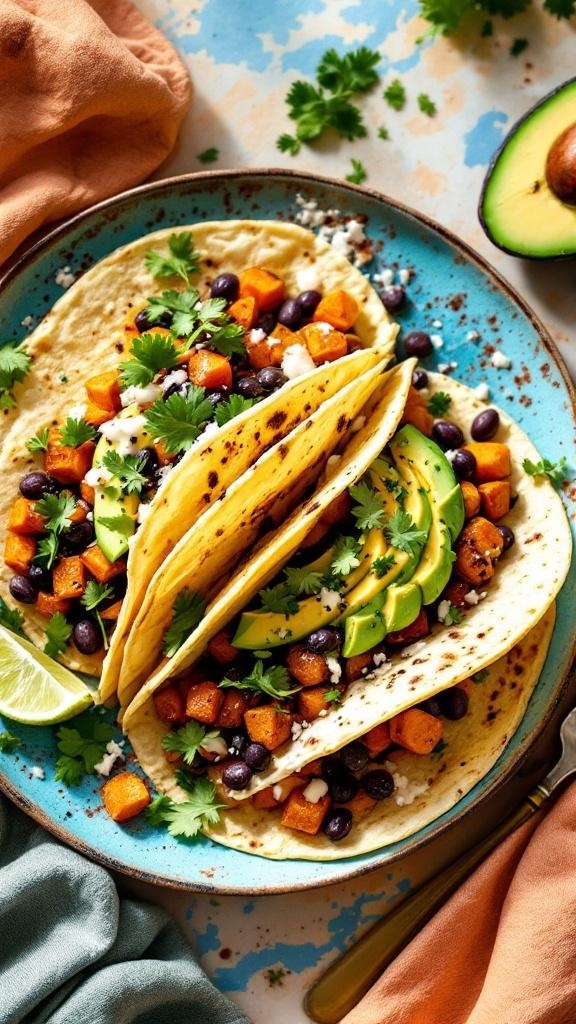 Sweet potato and black bean breakfast tacos on a colorful plate with avocado and cilantro