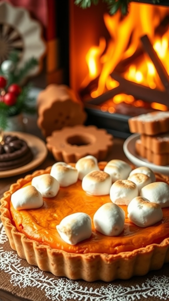 A sweet potato and marshmallow tart sitting on a festive table with a warm fire in the background.