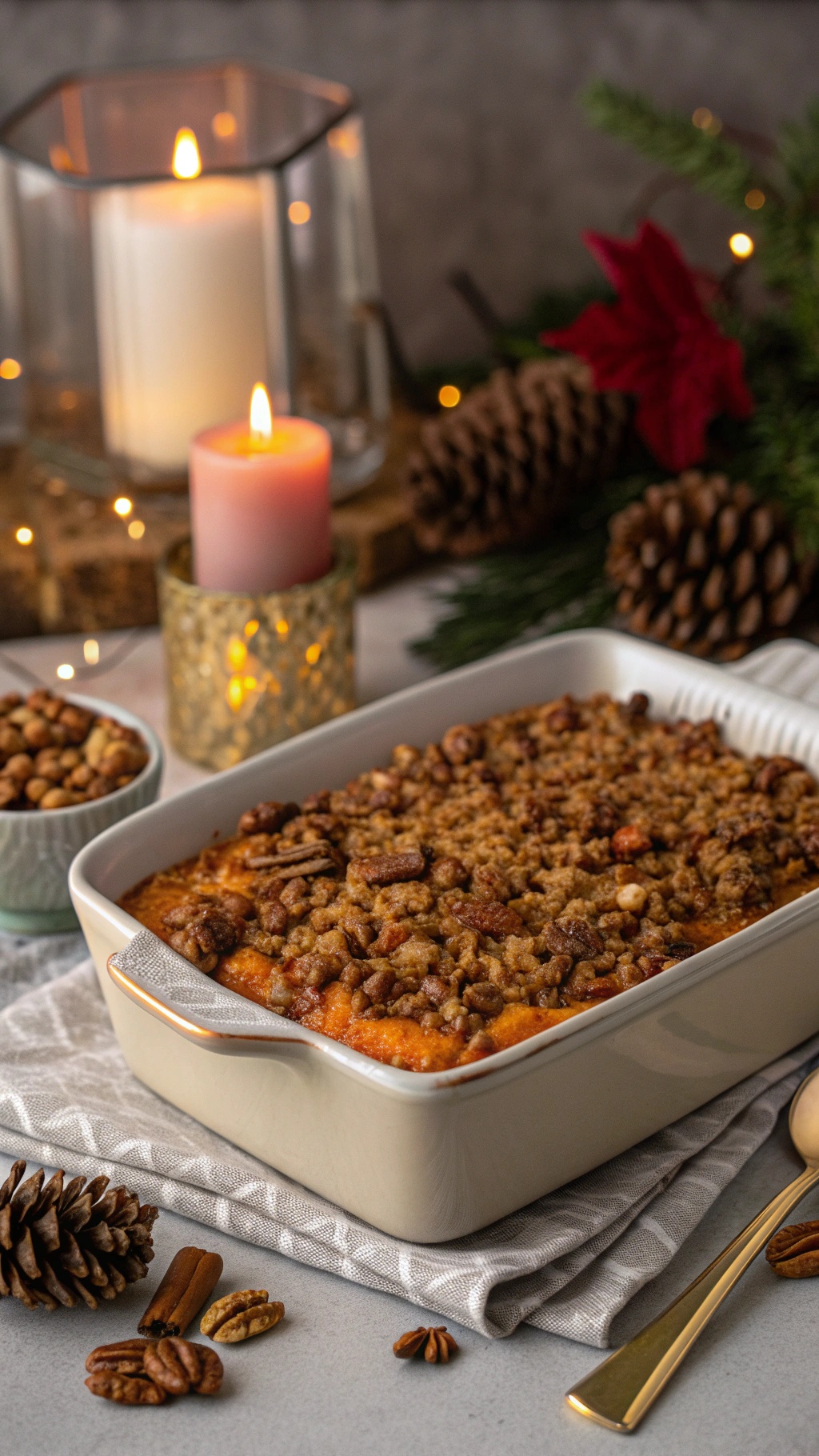 A delicious sweet potato casserole topped with pecans, surrounded by festive decorations.
