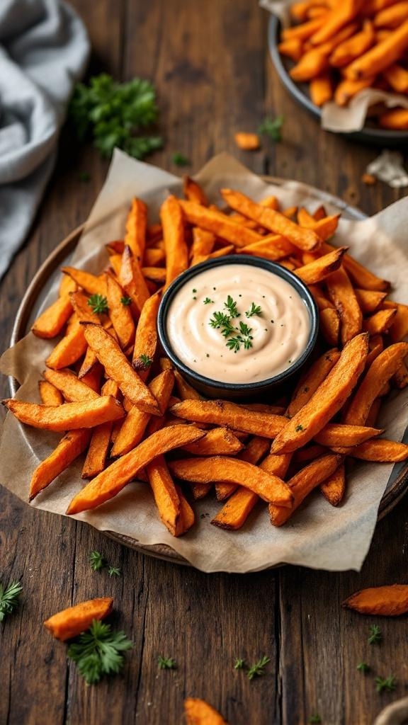 A plate of sweet potato fries with a dipping sauce in the center, garnished with parsley.