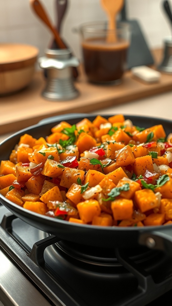 A skillet filled with colorful sweet potato hash, featuring diced sweet potatoes, bell peppers, and onions, ready to be served.