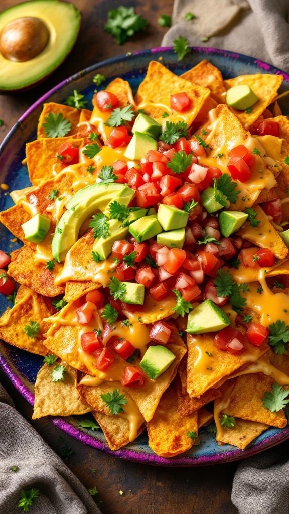 A colorful plate of sweet potato nachos topped with cheese, diced tomatoes, avocado, and cilantro.