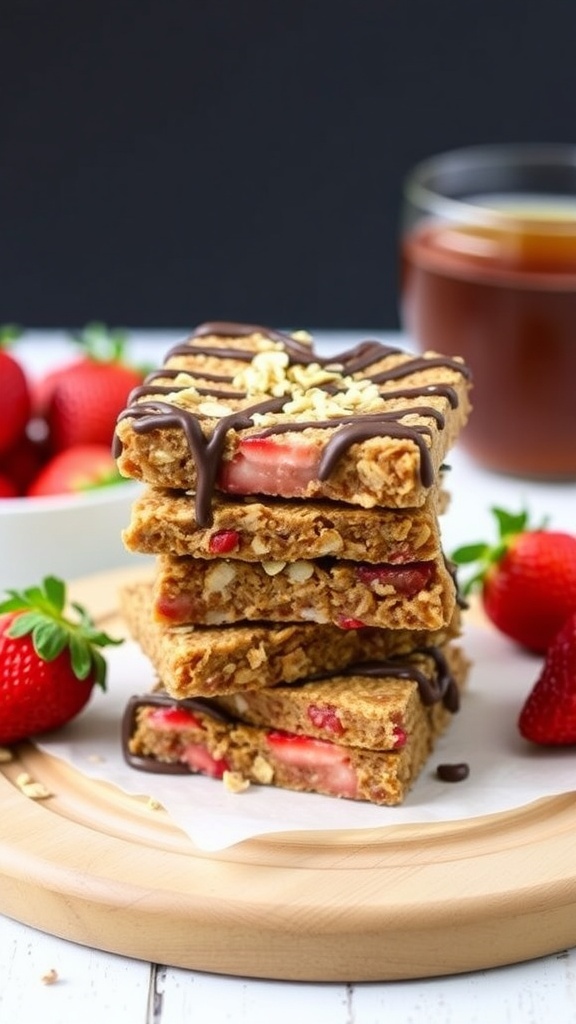 A stack of sweet strawberry granola bars drizzled with chocolate, surrounded by fresh strawberries.