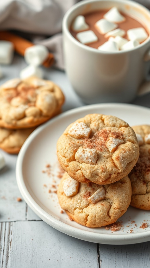 Delicious snickerdoodle cookies on a plate with a cup of hot chocolate in the background.