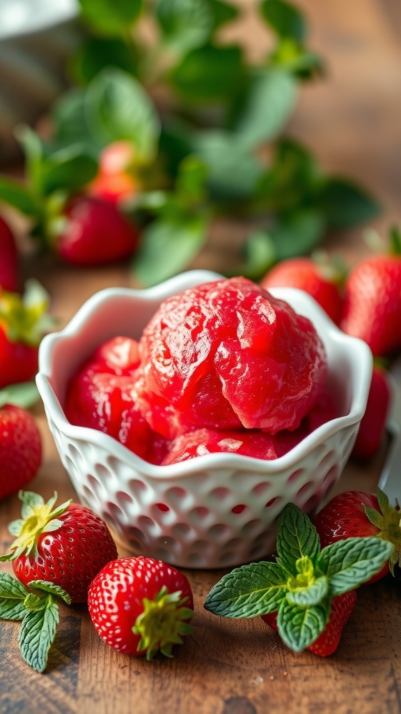 A bowl of strawberry sorbet surrounded by fresh strawberries and mint leaves.
