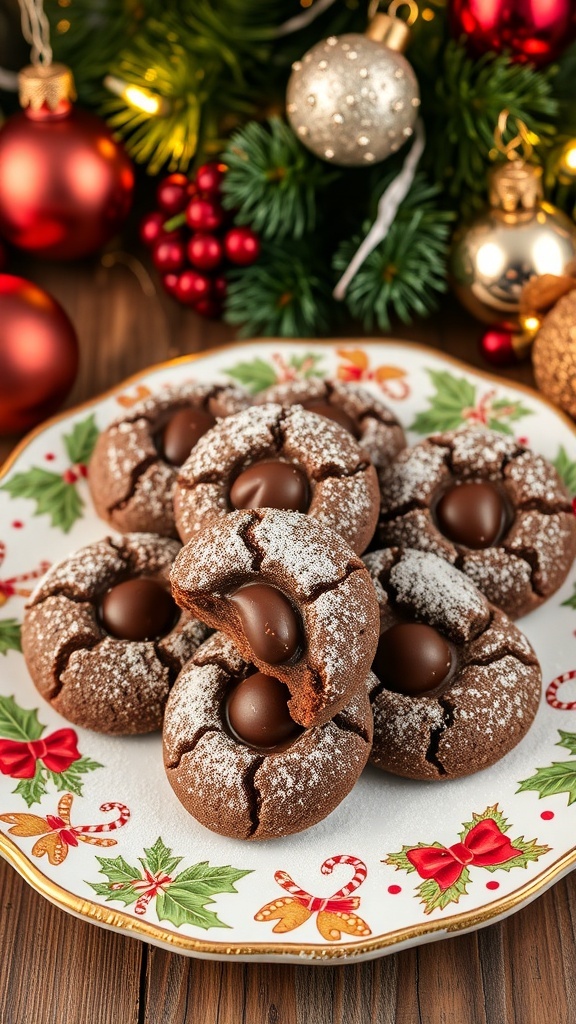 A plate of chocolate hazelnut spread cookies decorated for Christmas.