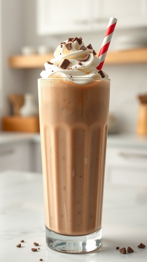 A tall glass of chocolate peanut butter smoothie topped with whipped cream and chocolate shavings, with a red and white striped straw.