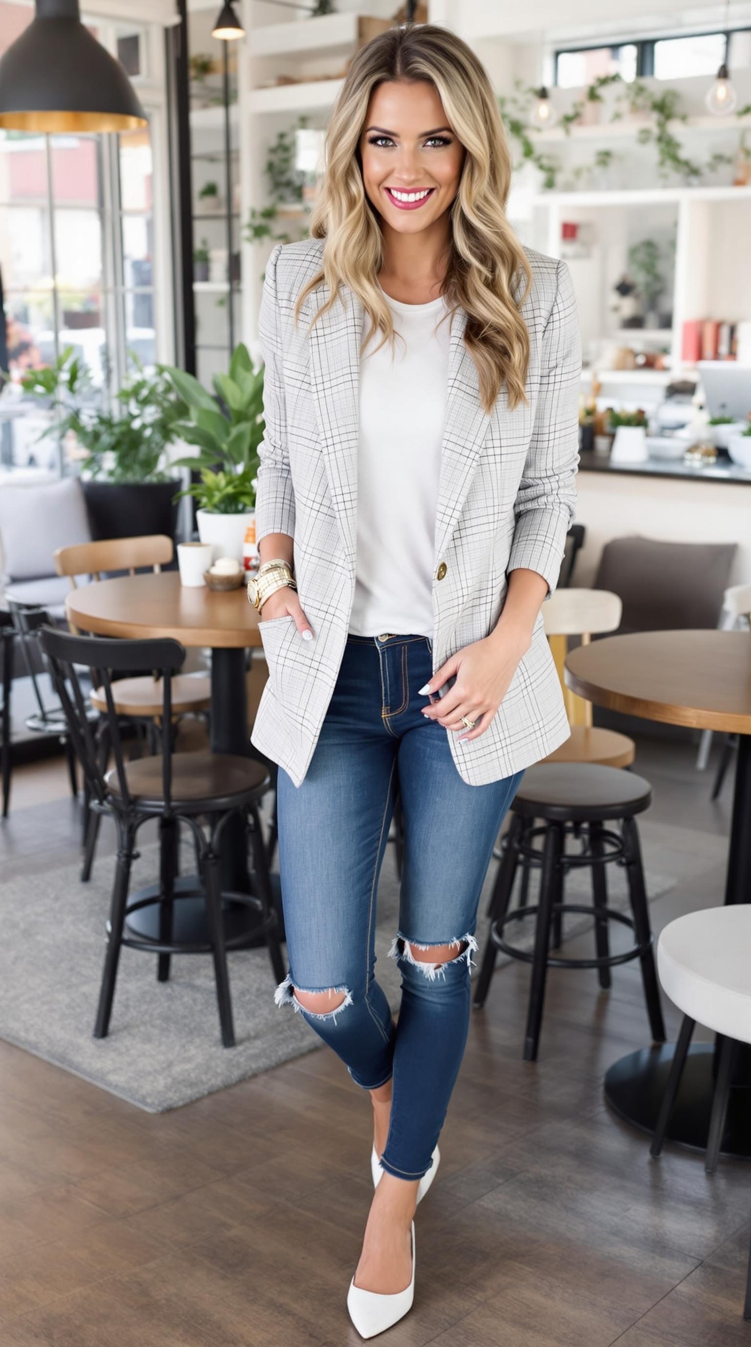 A man wearing a tailored blazer over a casual white tee, standing confidently in a stylish café.