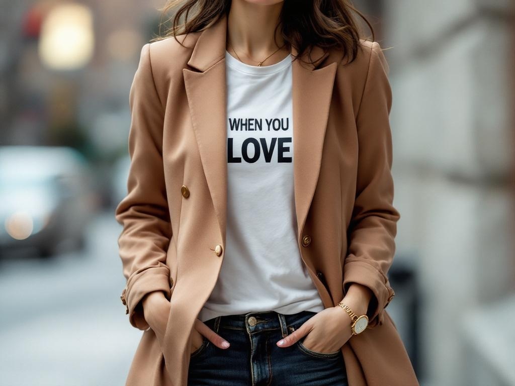 A woman wearing a beige tailored blazer over a white graphic tee that says 'WHEN YOU LOVE', styled with jeans.