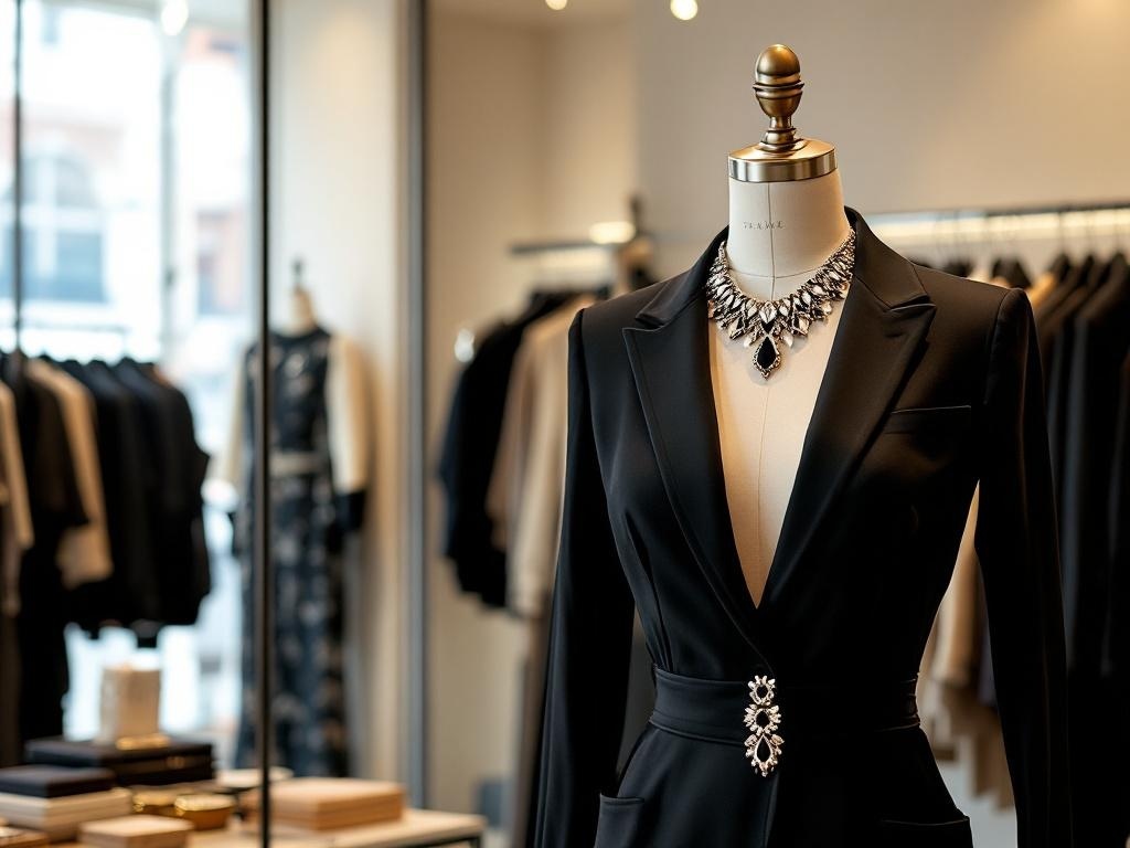 A tailored black jumpsuit displayed on a mannequin with a bold statement necklace in a stylish boutique.